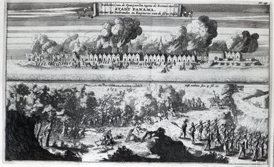 Slag tussen de zeerovers en de Spanjaarden tijdens de aanval op Panama in 1671 door Dutch School